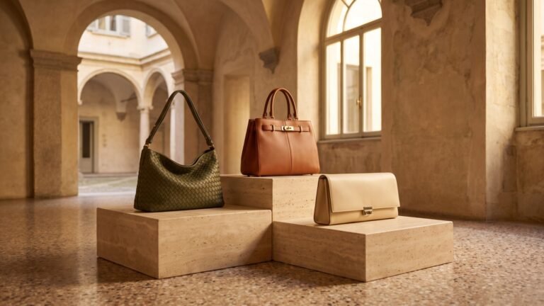Three luxury Italian leather handbags displayed on tiered stone pedestals inside a sunlit architectural courtyard