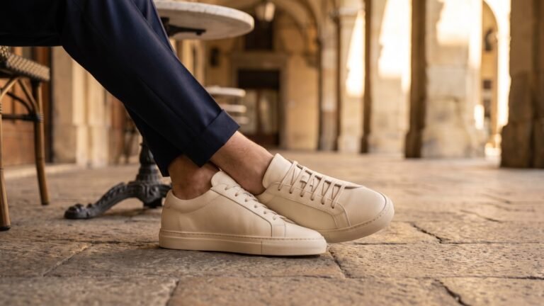 Minimalist cream Italian leather sneakers styled with cuffed navy trousers at an outdoor café courtyard