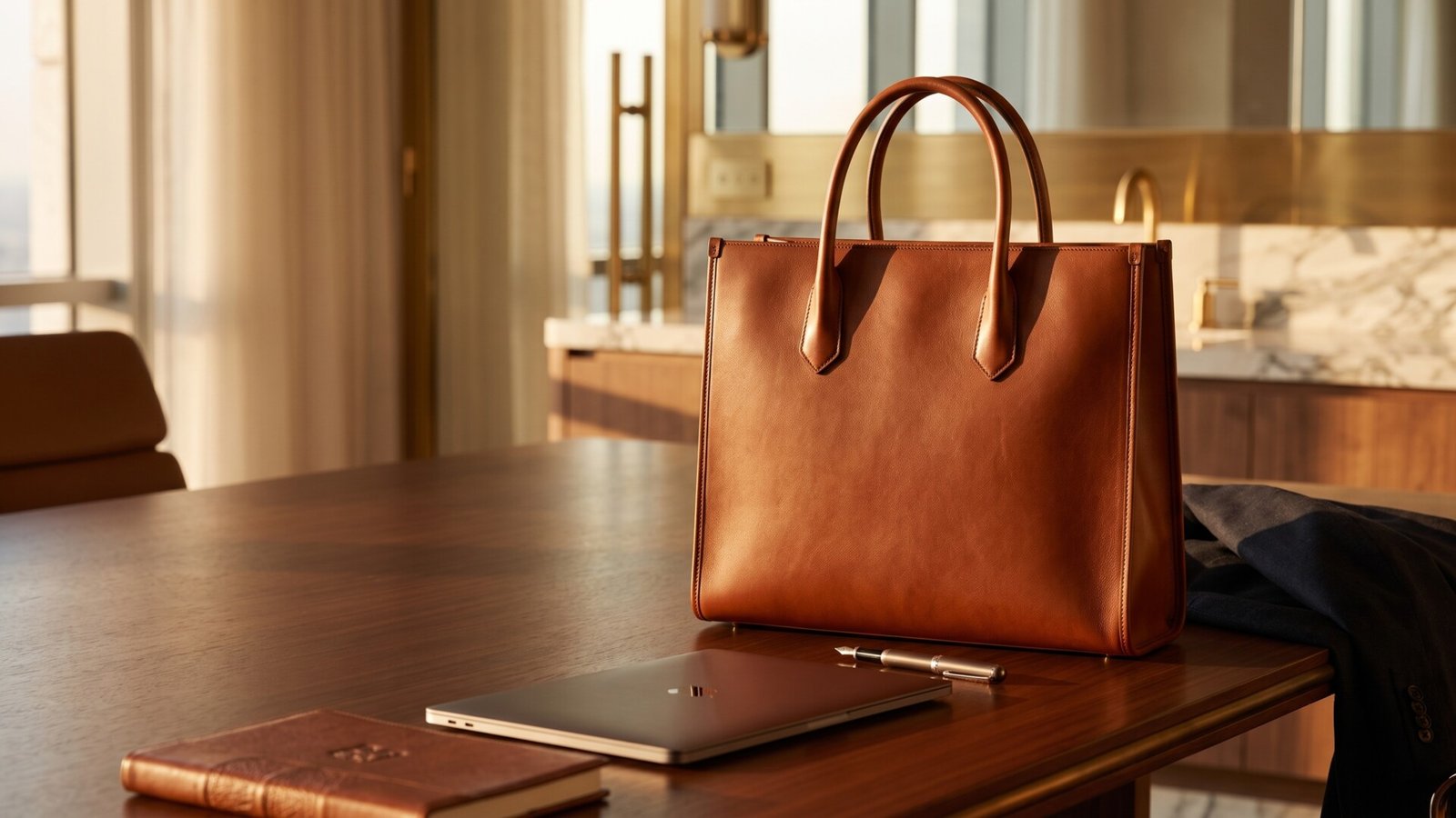 Brown leather Italian work tote on a polished executive desk beside a laptop, pen, and notebook