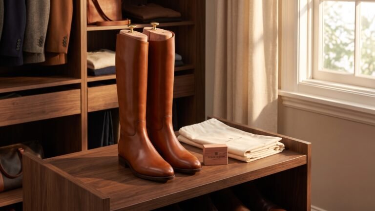Brown leather riding boots with wooden shapers on a closet shelf alongside a folded dust bag