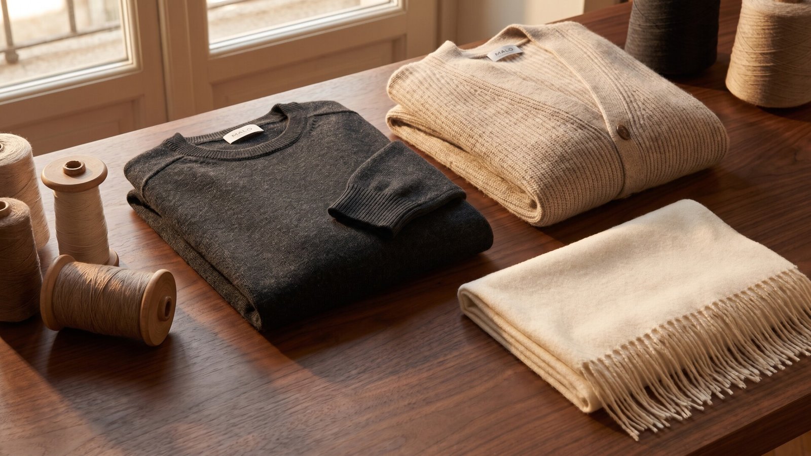 Folded Malo cashmere sweaters, a fringed scarf, and yarn spools arranged on a wooden table
