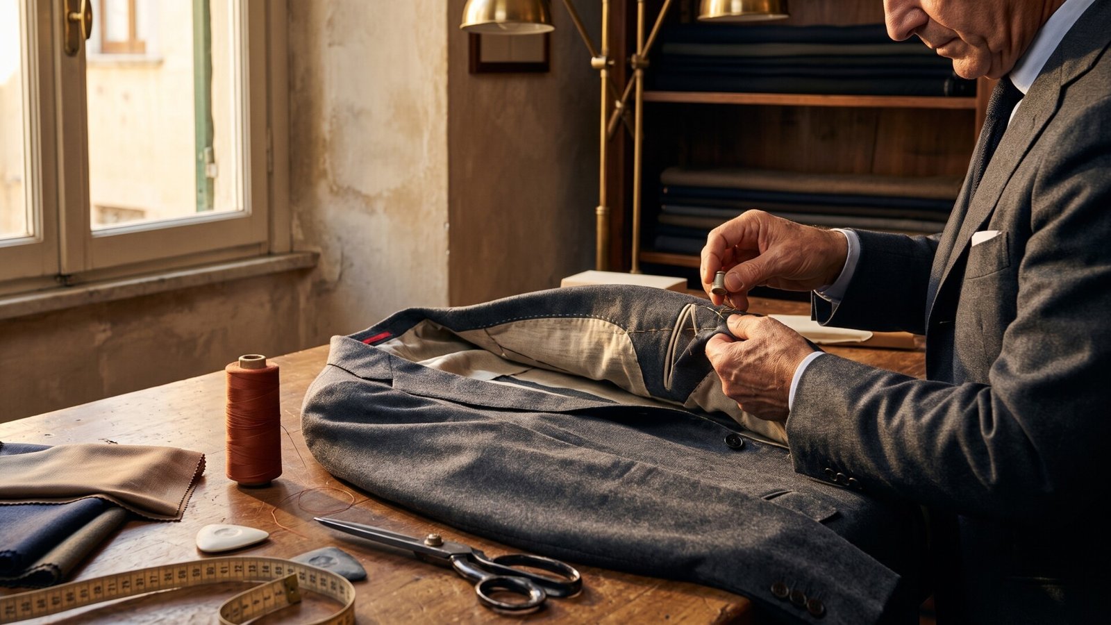 Master tailor hand-stitching the lining of a bespoke grey wool suit jacket on a wooden workshop table