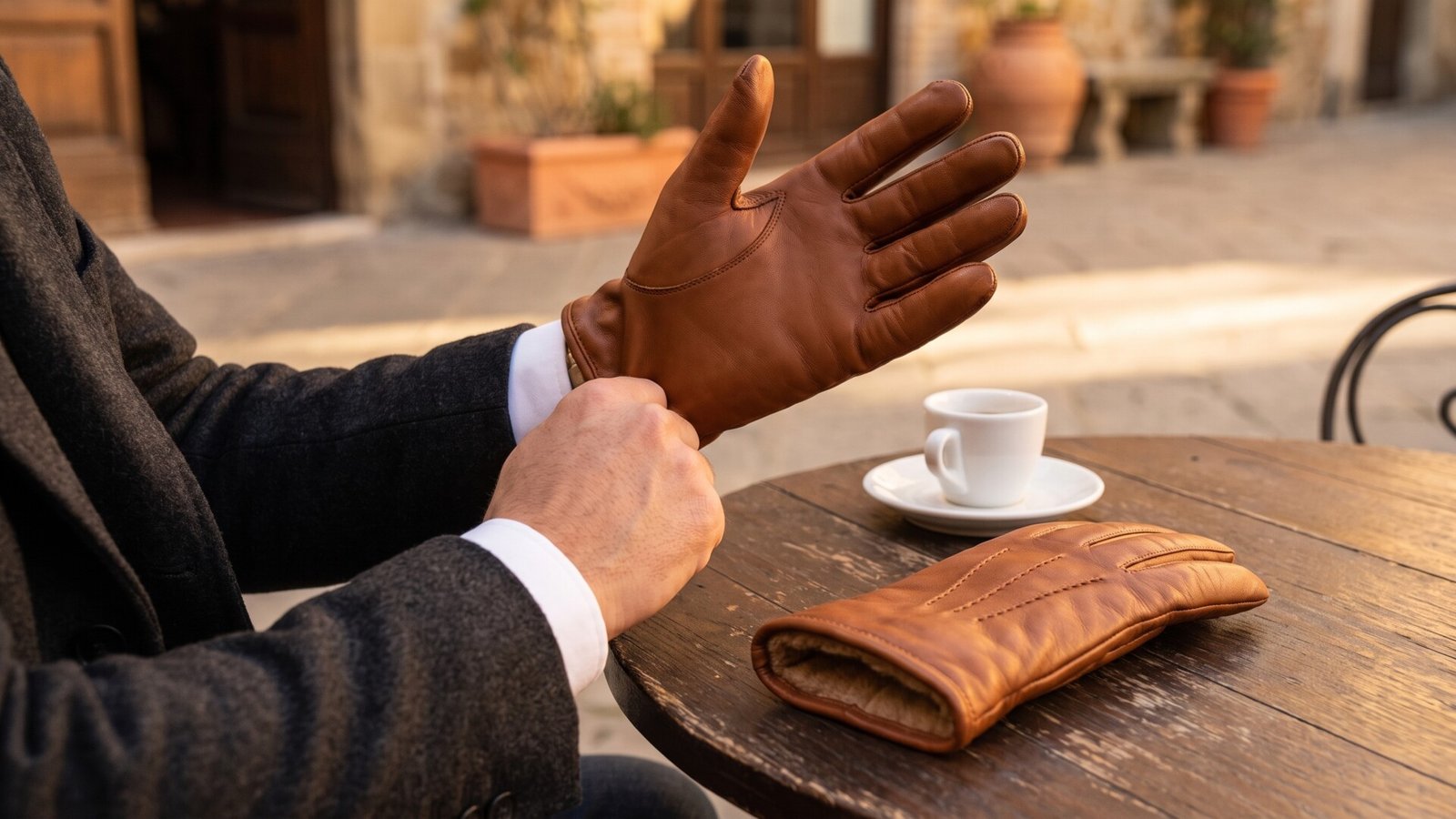 Man in a suit adjusting a brown leather glove at an outdoor cafe table with an espresso cup nearby