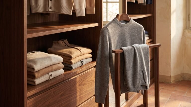 Men's neutral cashmere sweaters and cardigans folded and hanging in a walnut wooden wardrobe