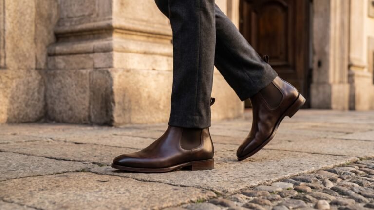 Man wearing polished brown Italian leather Chelsea boots and grey trousers walking on a cobblestone street