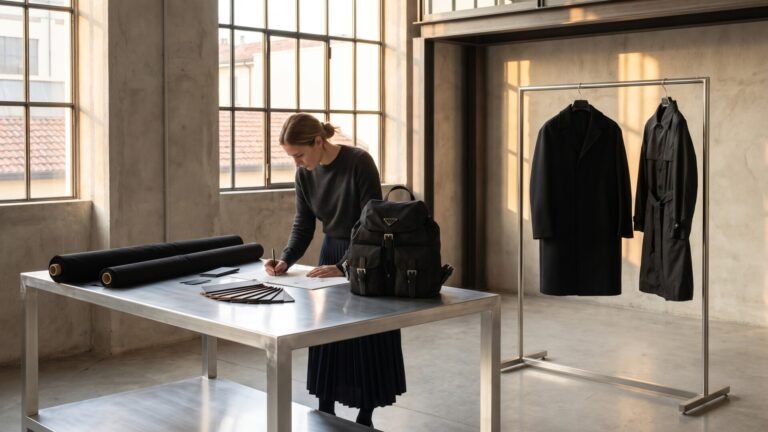 A designer sketching at a metal worktable beside a black nylon backpack and tailored coats in a Milanese studio