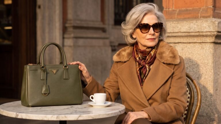 Mature Milanese woman in a camel coat and sunglasses seated at a cafe table beside an olive green Prada handbag