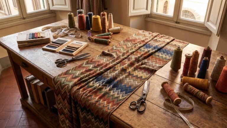 Missoni zig-zag knit textile laid out on a wooden cutting table with thread spools and tailoring shears