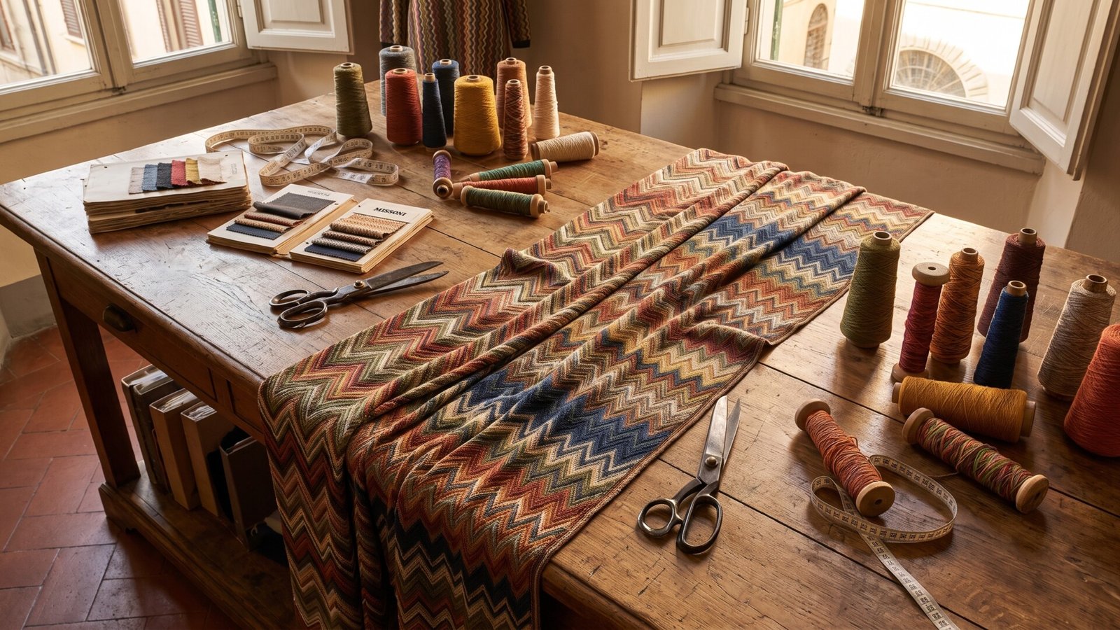 Missoni zig-zag knit textile laid out on a wooden cutting table with thread spools and tailoring shears