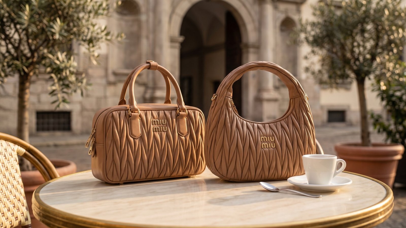 Beige Miu Miu Arcadie and Wander matelassé bags sitting side-by-side on an outdoor cafe table