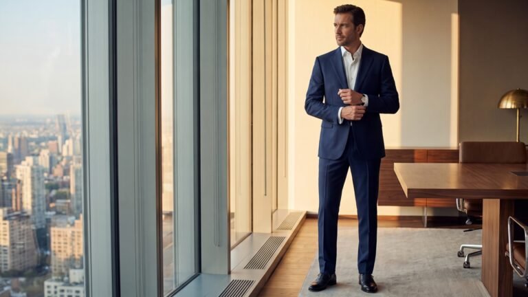 Businessman in a tailored navy blue suit standing by a high-rise office window overlooking the city