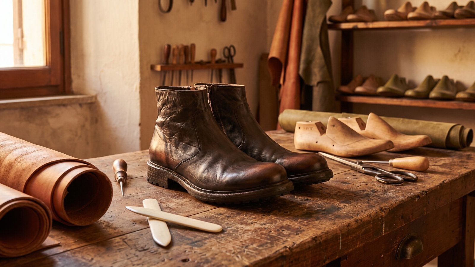 Brown leather boots with a distressed patina resting on a rustic shoemaker workbench surrounded by traditional tools