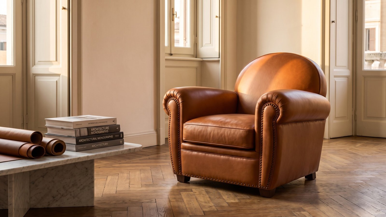 Poltrona Frau Vanity Fair armchair in cognac leather on herringbone wood floor beside architecture books