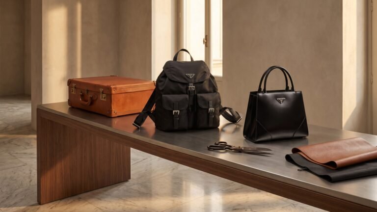 Vintage leather suitcase, black nylon backpack, and modern leather handbag illustrating Prada design evolution