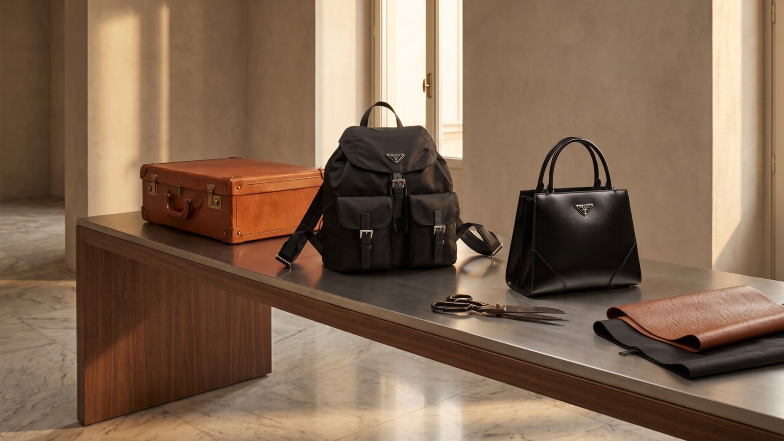 Vintage leather suitcase, black nylon backpack, and modern leather handbag illustrating Prada design evolution
