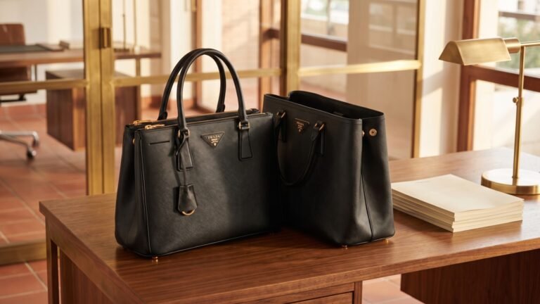 Two black Prada Saffiano leather tote bags side by side on a wooden office desk next to a brass lamp