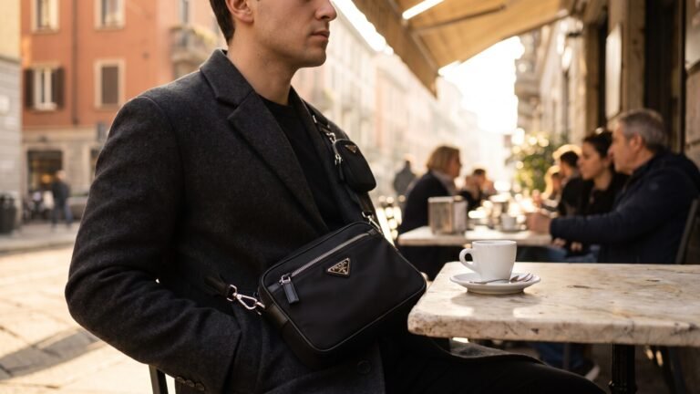 Black Prada nylon crossbody bag worn across the chest at an outdoor café table