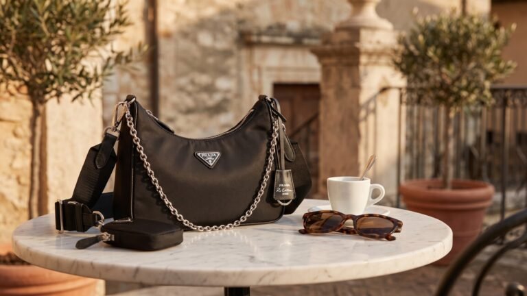 Black Prada Re-Edition 2005 nylon shoulder bag on a marble bistro table next to an espresso cup and sunglasses