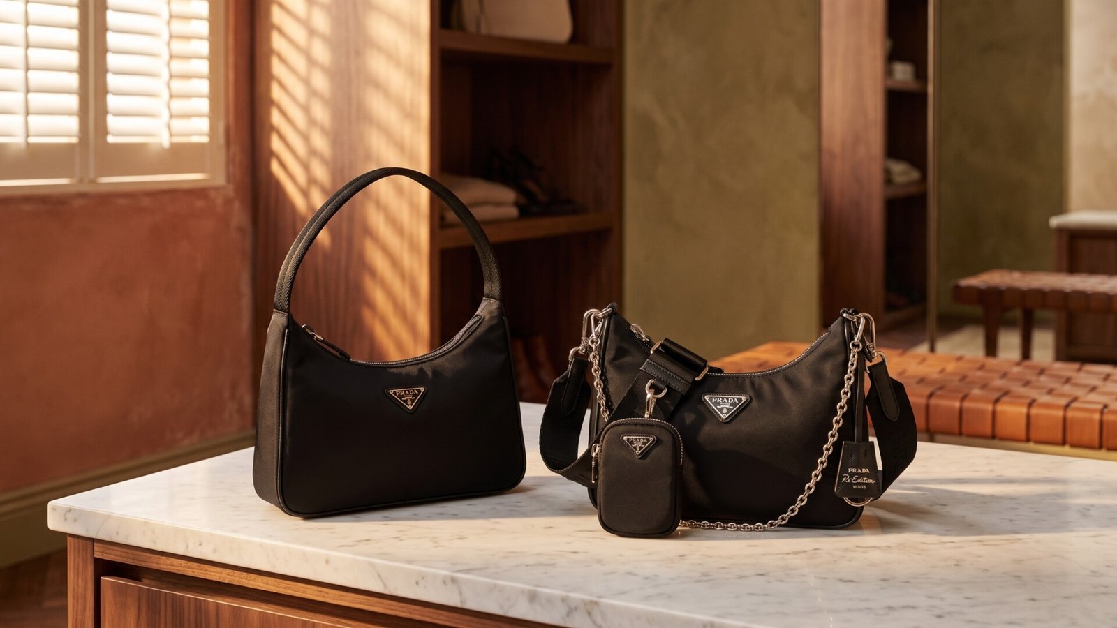 Side-by-side comparison of black Prada Re-Edition 2000 and 2005 nylon shoulder bags on a marble tabletop
