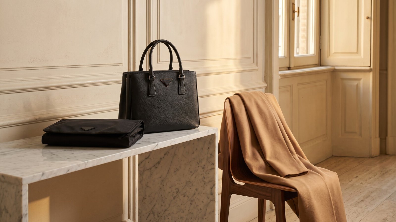 Black Prada leather tote and nylon clutch resting on a marble console table beside a chair with a camel coat