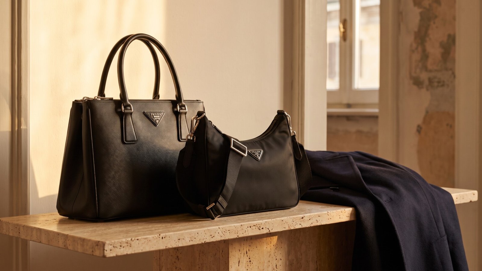 Black Prada Saffiano leather tote and Re-Nylon shoulder bag resting on a stone console in warm sunlight