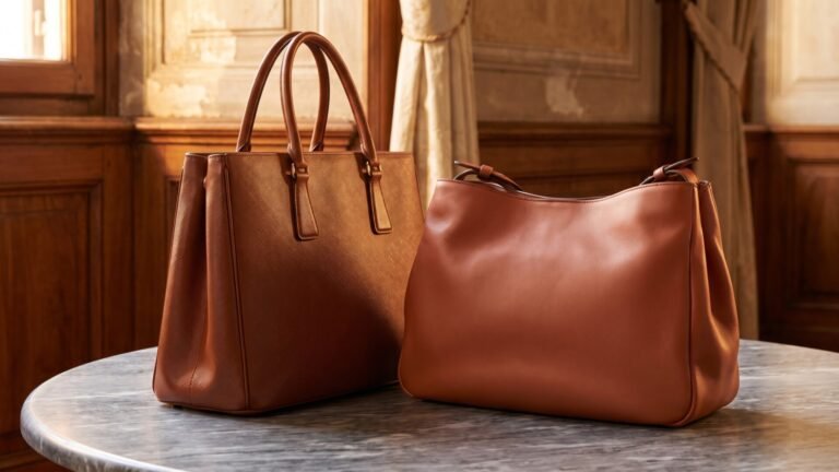 Brown structured Saffiano leather tote beside a soft smooth calfskin handbag on a marble table