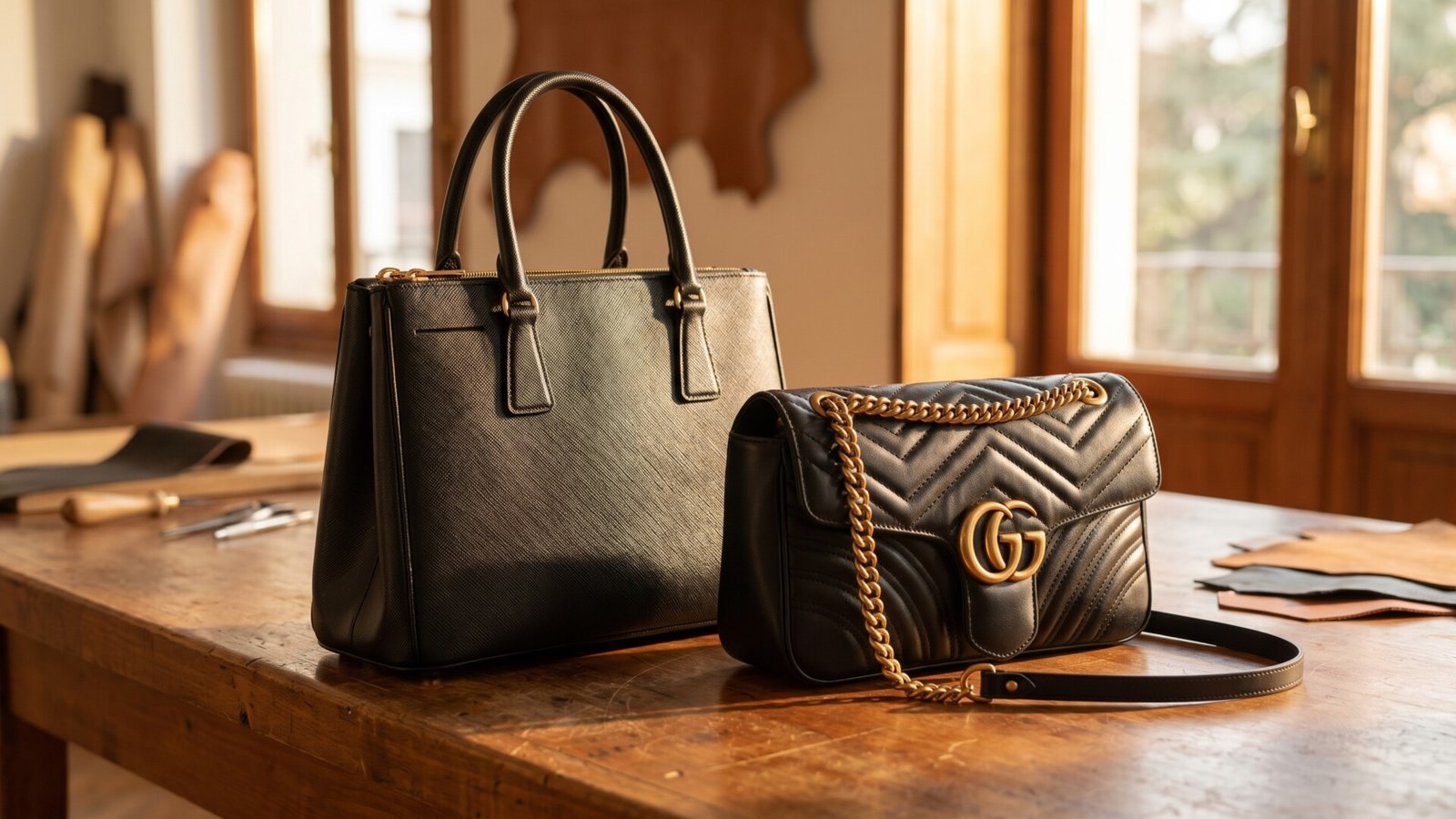 Black Prada Saffiano leather tote next to a quilted Gucci GG Marmont shoulder bag on a wooden table