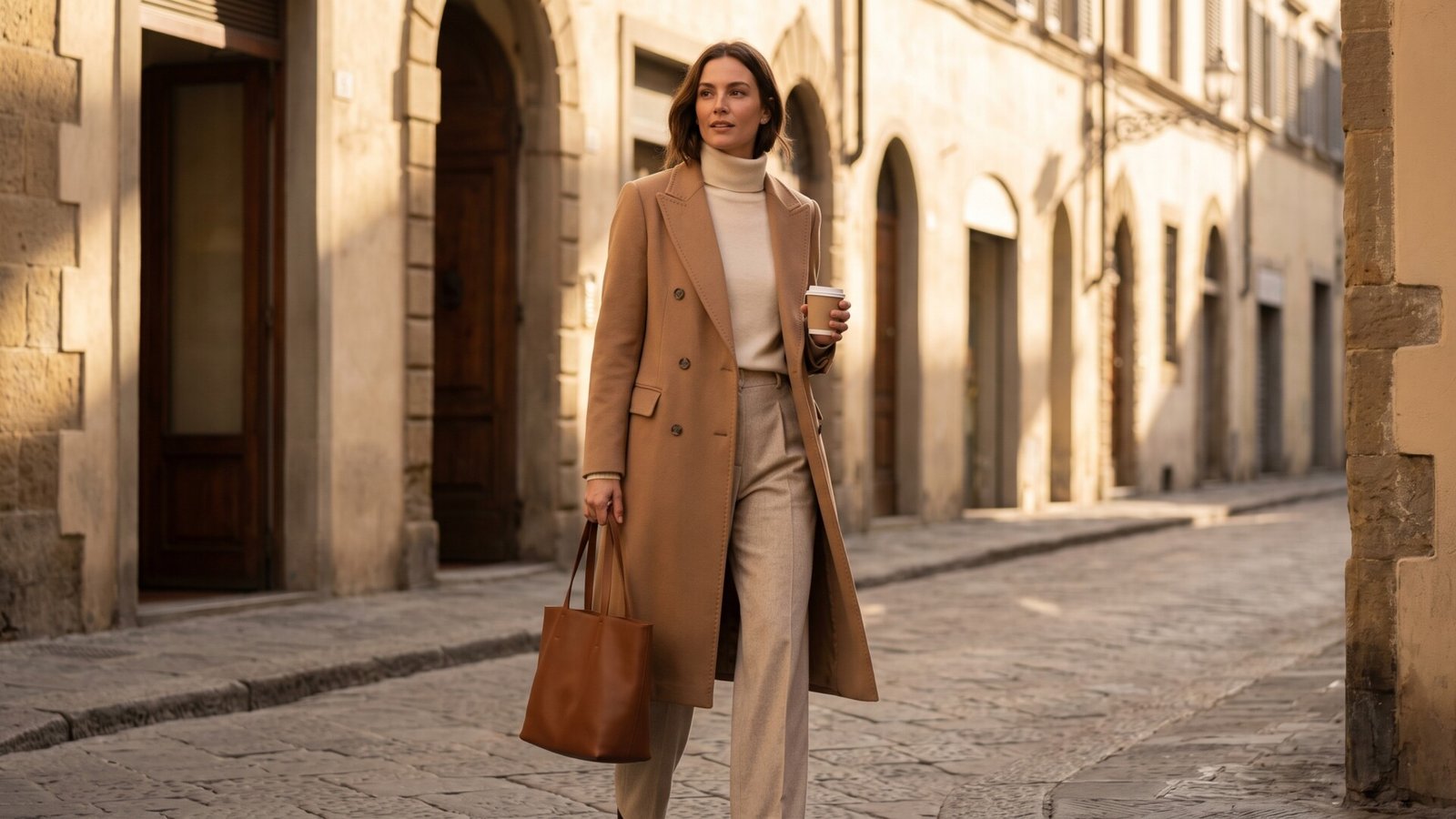 Woman in a tailored camel coat and neutral trousers walking down a European street with a brown leather tote
