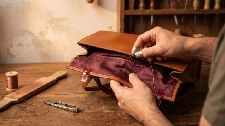 Artisan hand-sewing a torn maroon fabric lining inside a brown leather handbag with a needle and thimble