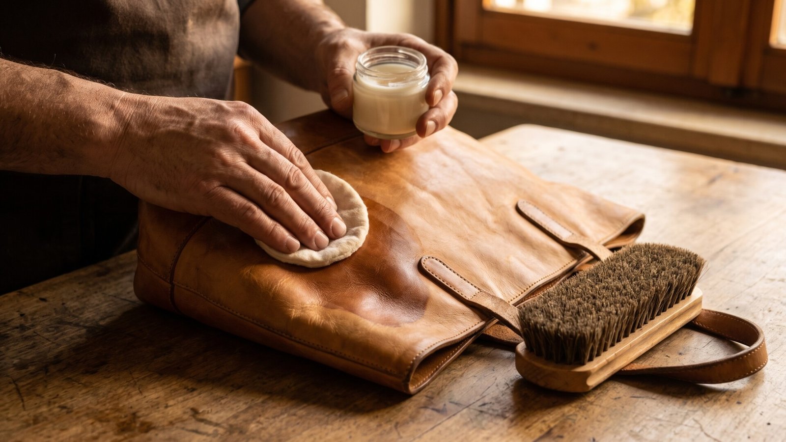 Hands rubbing leather conditioner cream onto a tan Italian leather bag with a soft cloth pad