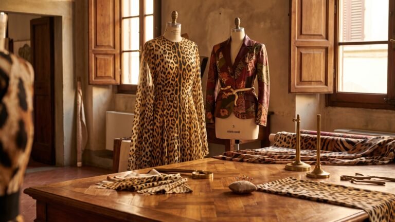 Mannequins wearing animal-print dress and jacket inside a sunlit Italian fashion design atelier