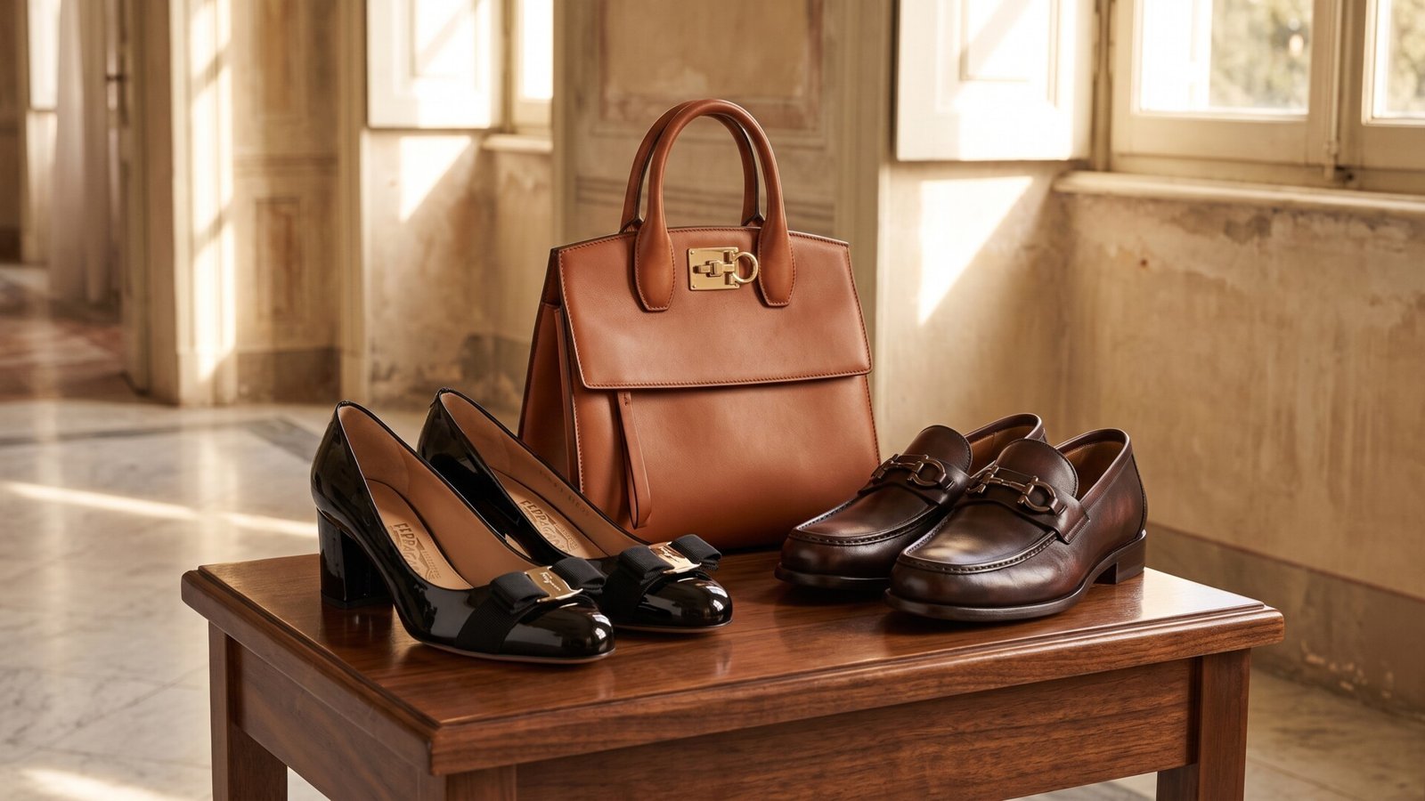 Ferragamo brown leather handbag, black patent pumps with bows, and brown bit loafers on a wooden table