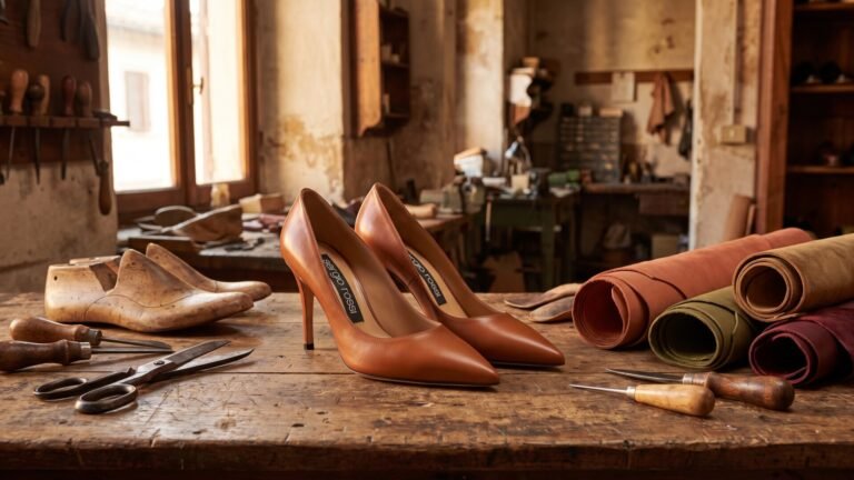 Sergio Rossi tan leather pointed pumps resting on a rustic cobbler workbench with tools and leather rolls