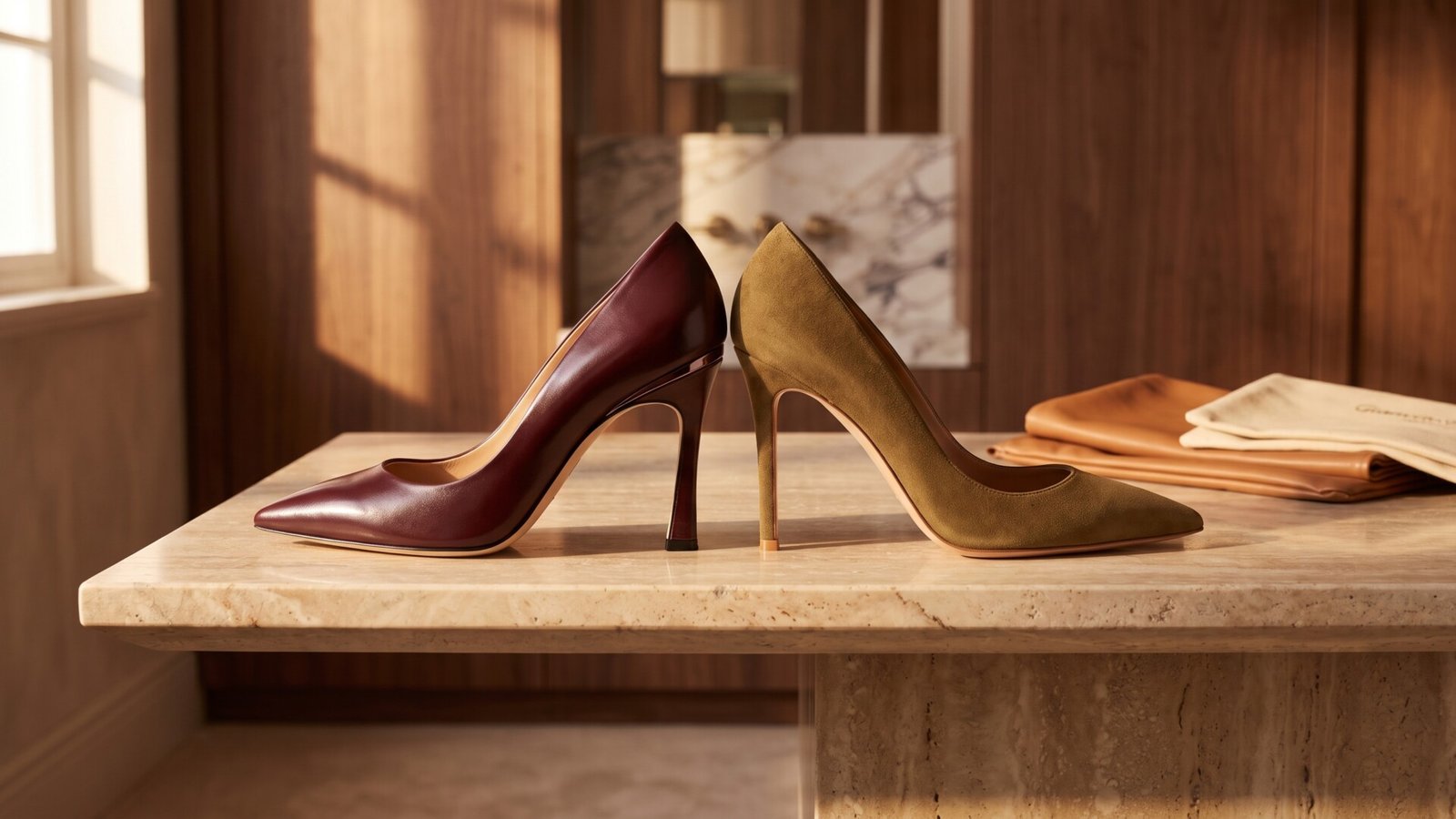 Burgundy leather and olive suede luxury Italian stilettos displayed heel to heel on a marble surface