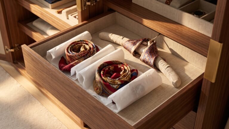 Patterned silk scarves rolled with tissue paper and draped on a padded hanger inside a lined wooden drawer