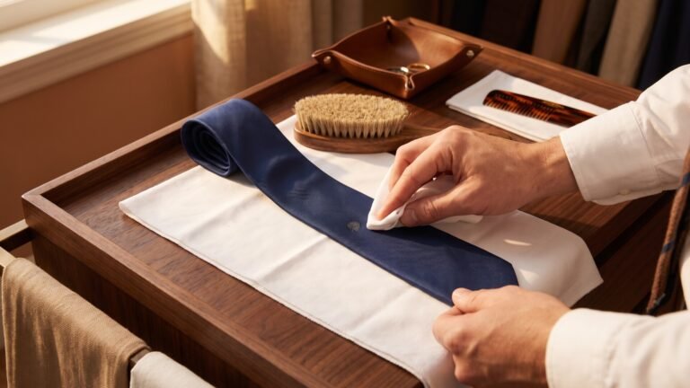 Hands gently dabbing a spot on a navy blue silk tie resting on a white cloth and wooden valet table