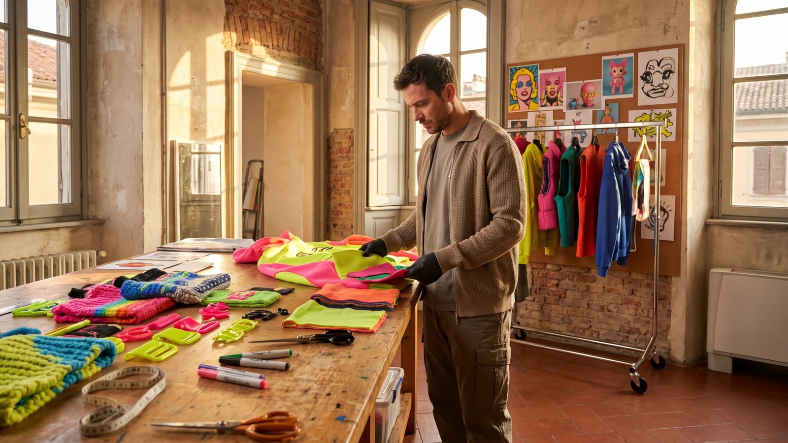 Male fashion designer inspecting neon streetwear fabrics and prototypes on a wooden workbench in a sunlit studio