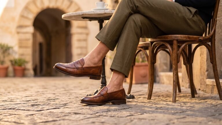 Man wearing brown Italian leather penny loafers and olive trousers seated at an outdoor café table