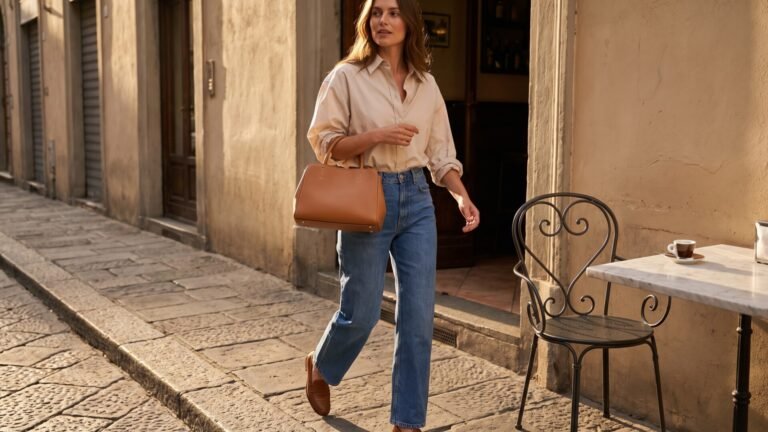 Woman walking along a cobblestone street carrying a tan structured Italian leather handbag with casual chic attire