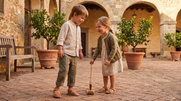 Boy and girl wearing classic Italian linen outfits playing in a rustic stone courtyard