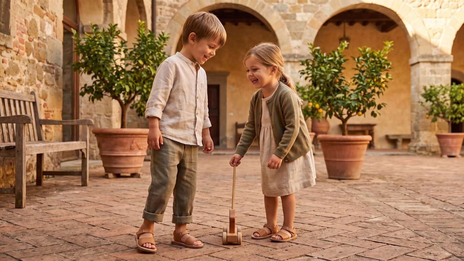 Boy and girl wearing classic Italian linen outfits playing in a rustic stone courtyard