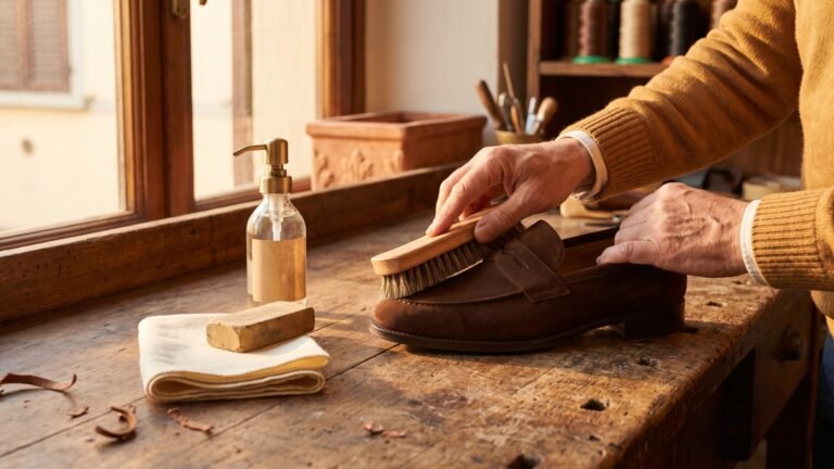 Hands brushing a brown suede loafer beside a suede cleaner bottle and eraser on a wooden workbench
