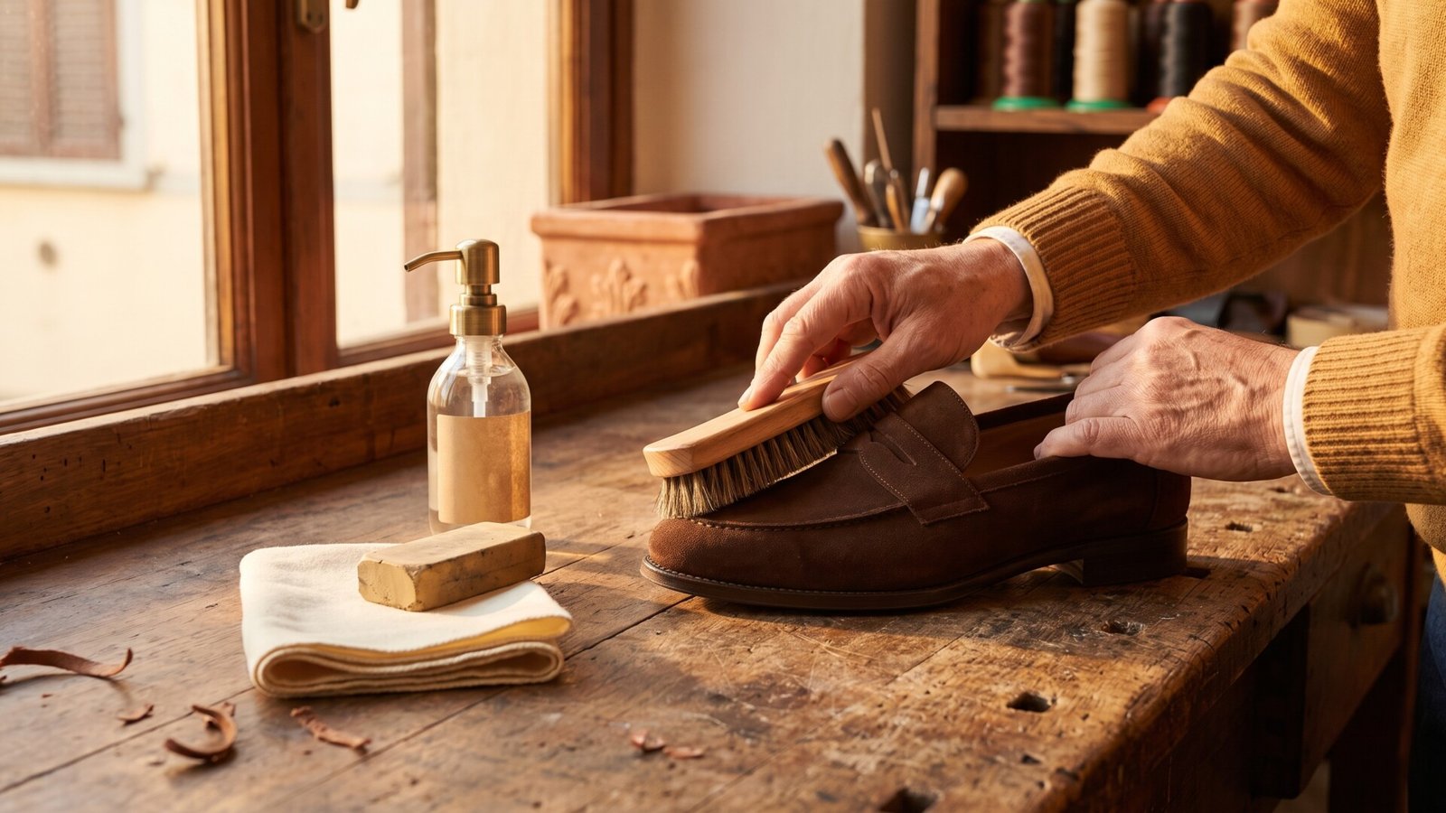 Hands brushing a brown suede loafer beside a suede cleaner bottle and eraser on a wooden workbench