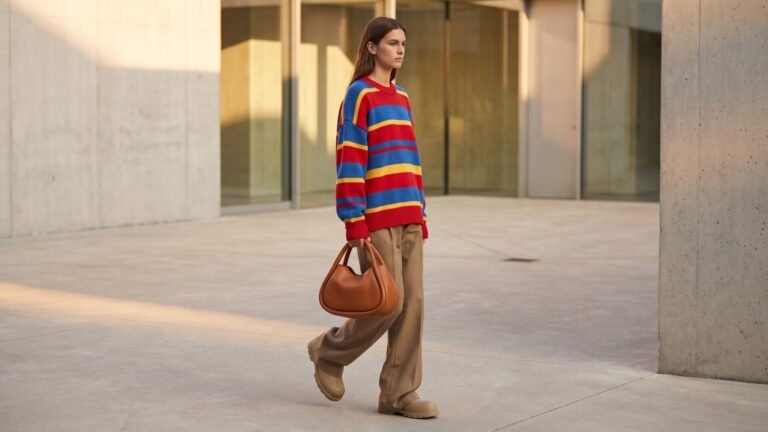 Model walking in a concrete courtyard wearing a colorful striped Sunnei sweater, neutral trousers, and carrying a brown bag