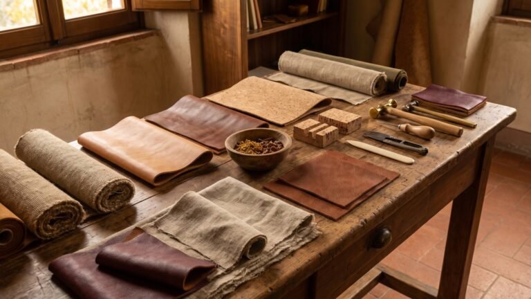 Artisan workbench arranged with vegetable-tanned leather, woven hemp rolls, cork sheets, and leatherworking tools