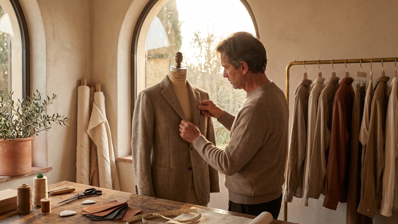 Tailor adjusting a wool jacket on a mannequin in a sunlit atelier alongside sewing tools and fabrics