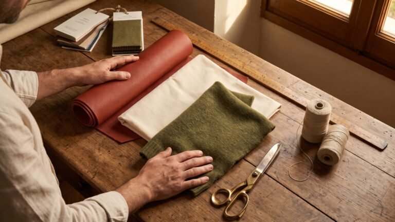 Artisan examining eco-friendly fabrics, leather, and swatches on a wooden workbench in a tailoring studio