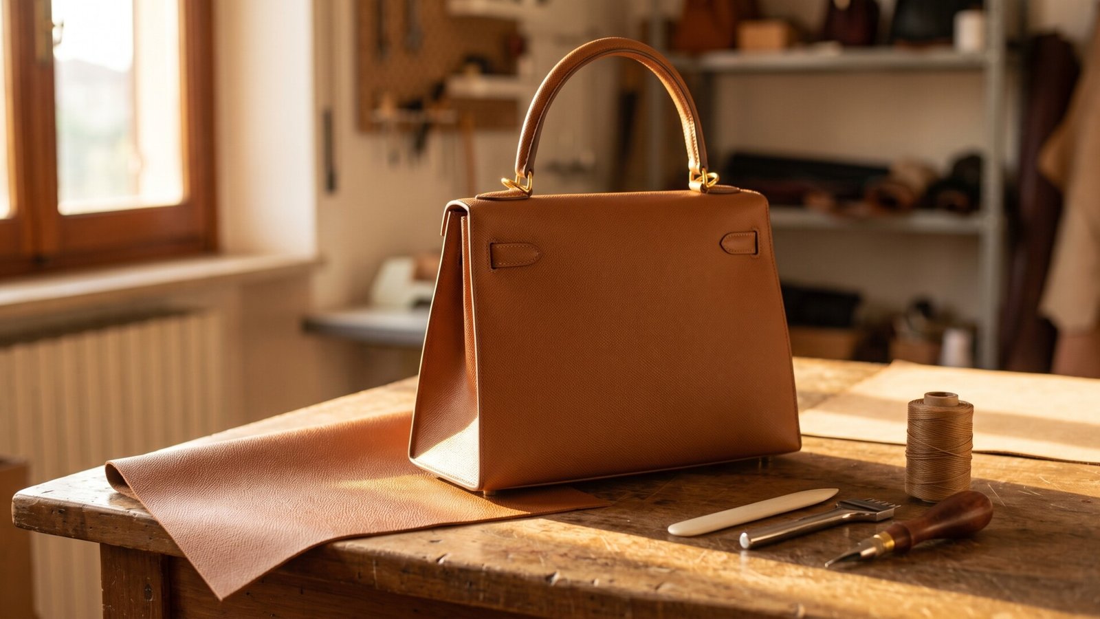 Structured tan Epsom leather handbag displayed on a wooden workbench with leatherworking tools