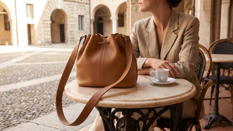 Tan leather drawstring bucket bag on a marble bistro table beside an espresso at an outdoor Italian cafe