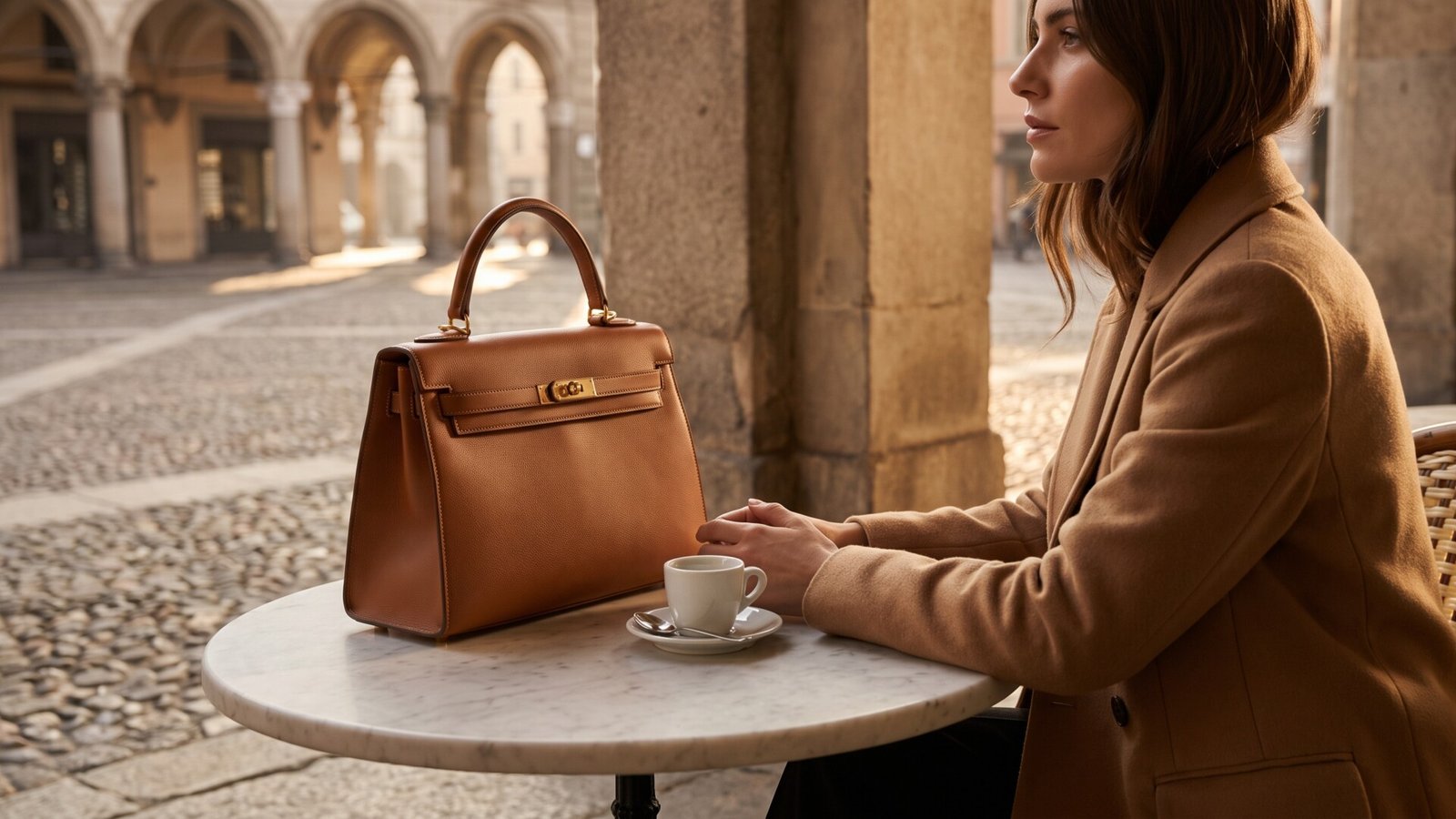 Structured tan leather handbag on a marble cafe table beside an espresso in an Italian piazza